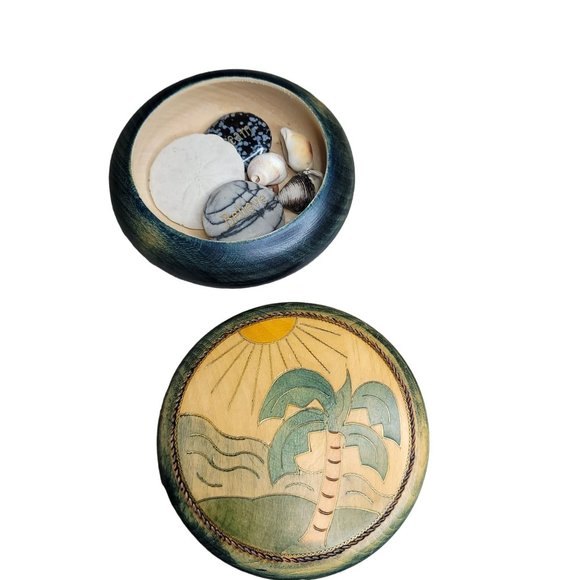 wooden hand carved tropical themed round box container with shells sand dollar - Picture 5 of 10